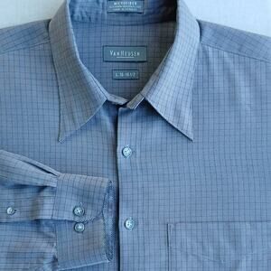 Van Heusen Grey Checks Microfiber Casual Dress Shirt Mens Large 16.5 Repaired